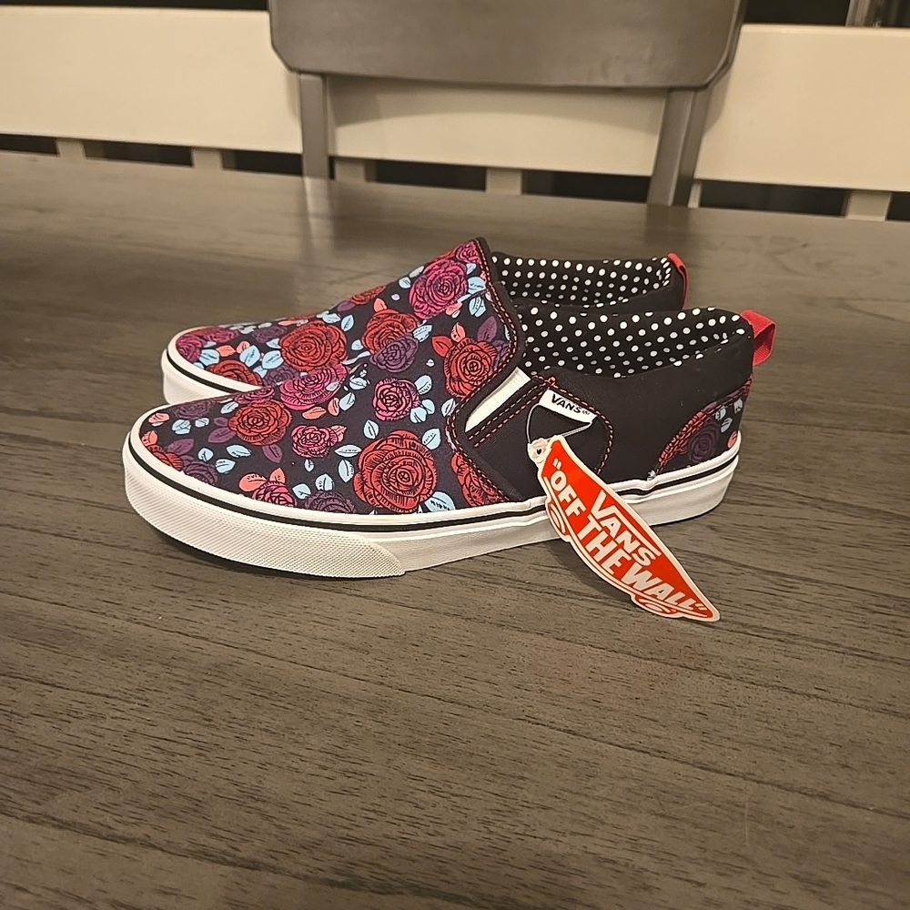 Vans Kids Floral Slip-On Sneakers - Black, Red, and Blue